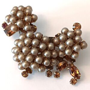 Vintage Signed Schreiner Brown Faux Pearl Rhinestone Gold Tone Poodle Pin Brooch